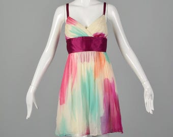 Vestido curto de seda tamanho médio, sem mangas, para festa, vestido de chiffon de seda, vestido aquarela, vestido de coquetel colorido