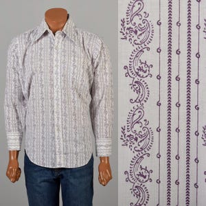 Large Vintage 1970s White and Purple Paisley Button Down Shirt Long Sleeve Wing Collar Hippie Shirt