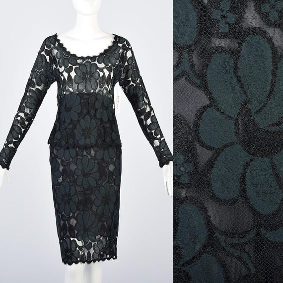 Geoffrey Beene, Vintage 90s Geoffrey Beene 2 Piece Black and Green Lace Skirt Set VTG 1990s Designer Black Lace set