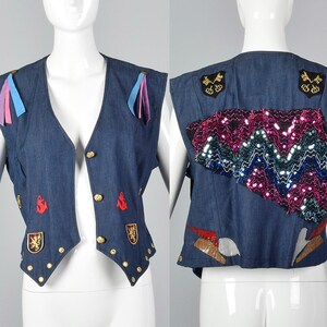 XL Vintage 1990s Vest Appliques Sleeveless Short Unique Patches Sequins Jacket