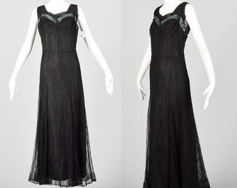 XL 1930s Vintage Dress Black Lace Maxi Sleeveless Formal Gothic Gown