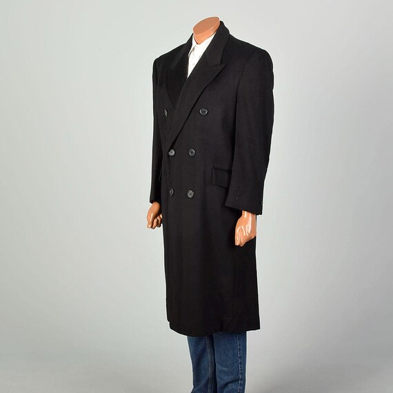 Large Vintage 1940s Black Cashmere Overcoat Wide Shoulders Peaked