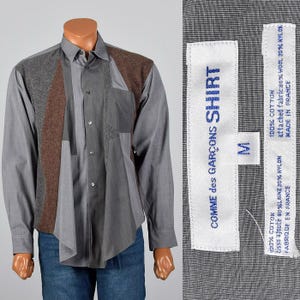 XXL Mens Patchwork Swing Shirt Comme des Garcons SHIRT Grey Cotton Long Sleeve Button Avant Garde Pocket Gray Brown Button Down
