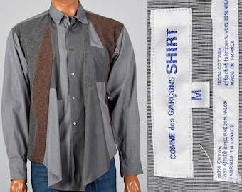 XXL Herren Patchwork Swing Hemd Comme des Garcons Hemd Grau Baumwolle Langarm Button Avantgarde Tasche Grau Braun Button Down