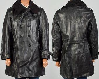 Medium Vintage 1940s WWII WW2 World War 2 Black Horsehide Leather Swedish Military Officers Coat Double Breasted Shearling Fur Collar Coat