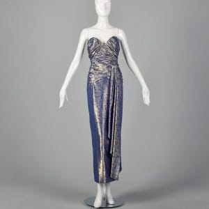 XS Blue Gown 1970s Gold Lamé Strapless Sweetheart Formal Evening Gown 70s Prom Dress
