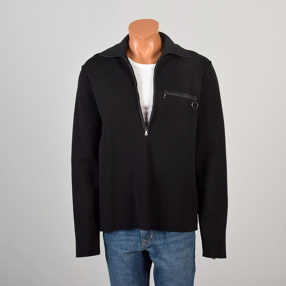Large 2000s Prada Designer Sweater Black Knit Utility Zip Sweater 