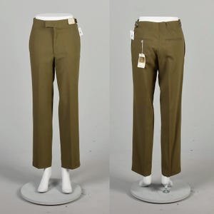 1960s XS Vintage Deadstock Olive Green Worsted Wool Tapered Leg Pants Ankle Length Flat Front Tapered Leg Slim Fit Casual Office Men Blend