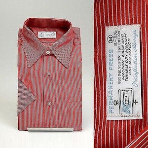 Camisa de manga corta con cuello de ala y rayas blancas y rojas de Deadstock para hombre, estilo vintage de los años 70, prensado permanente, talla M 15 15.5