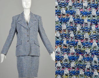 Großer 1980er Jahre Rock Anzug Designer Blauer Tweed Anzug Set Büro Outfit Blazer Jacke Zweiteiler