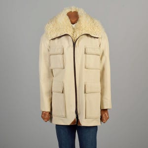 1970s Robert Lewis Coat Patch Pockets Mongolian Lamb Rugged Canvas Preppy Winter Coat