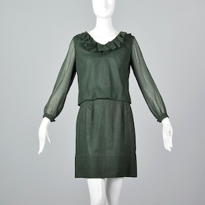 XS 1960s Set Lightweight Green Cotton Set Ruffle Detail Long Sleeves Matching Vintage Separates Spring Summer Wear 60s Vintage