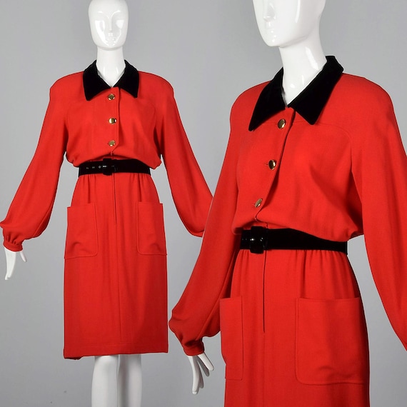 Valentino Boutique / Miss V, Large Valentino Boutique Long Sleeve Dress Simple Vintage Dress Red Wool Black Velvet Button Front Large Pockets 1980s 80s Vintage