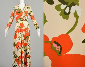 Robe longue beige orange des années 1970 à col en V et manches longues, robe de jour colorée psychédélique et légère en tricot fluide