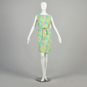 XL 1960s Spring Green Dress Pastel Floral Grass Yellow Pink Blue Sleeveless Summer Casual Colorful Shift Mini Dress image 5