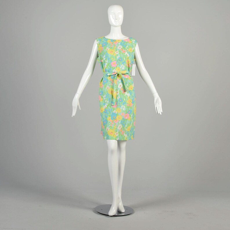 XL 1960s Spring Green Dress Pastel Floral Grass Yellow Pink Blue Sleeveless Summer Casual Colorful Shift Mini Dress image 5