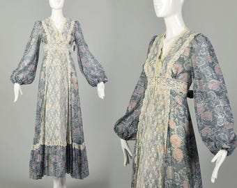 Vestido estilo pradera con cordones Gunne Sax, años 70, estilo vintage, con corpiño de corsé, estilo cottagecore, estampado floral, largo con lazo en la espalda y manga larga