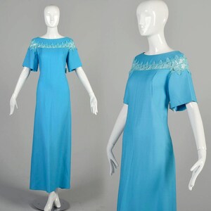 Small 1970s Blue Dress Leaf Cutout Embroidery Boatneck Short Sleeve Maxi Dress