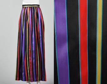 XXS Ribbon Stripe Taffeta Maxi Skirt Long Colorful Side Zip Gathered Waist Lightweight 1970s Vintage Skirt