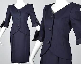 XS Scaasi Navy Blue Skirt Suit Summer Cotton Suit Short Sleeve Jacket Two Piece Dress Suit Femme Fatale Designer Suit Hourglass Vintage