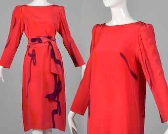 Small 1980s Magenta Silk Dress Painted Silk Shift Dress Long Sleeve Dress Hot Pink Dress 80s Minimalist Dress