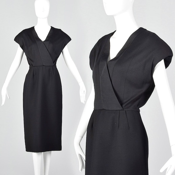 Geoffrey Beene, Small Geoffrey Beene Black Pencil Dress Simple Vintage Dress Shaped Shoulders Pencil Skirt Pockets Short Sleeves 1980s 80s Vintage