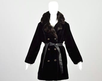 Large 1970s Black Faux Fur Coat Vegan Leather Belted Double Breasted Coat