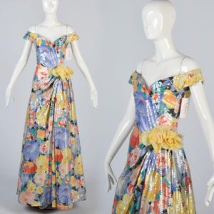 Vestido vintage Arnold Scaasi con hombros descubiertos, estampado floral pastel y lentejuelas, años 90, diseñador VTG