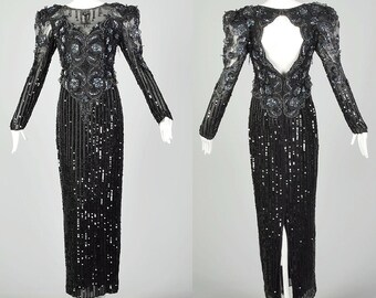 Medium Bellissima Dress 1980s Black Silk Beaded Sheer Formal Sequin Keyhole Back Evening Gown