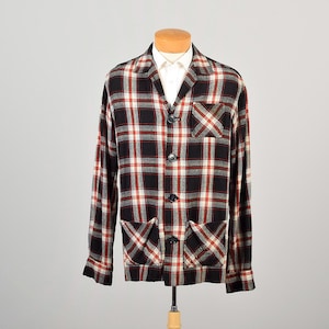 Large Vintage 1950s Jacket Mens Plaid Red White Blue 49er Jacket Rockabilly Blazer Buttoned Casual Lightweight Everyday Jacket Pocket Fall