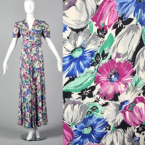 Small 1940s Floral Print Rayon Dress Short Sleeve Maxi Dress Large Floral Print Gathered Bodice Waist 40s Vintage