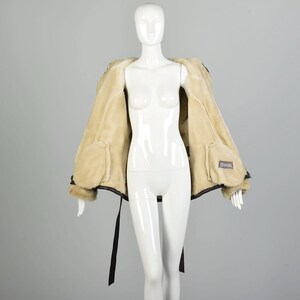 Small 2000s Beige Faux Shearling Lined Brown Leather Jacket Hooded Zip Front Biker Coat