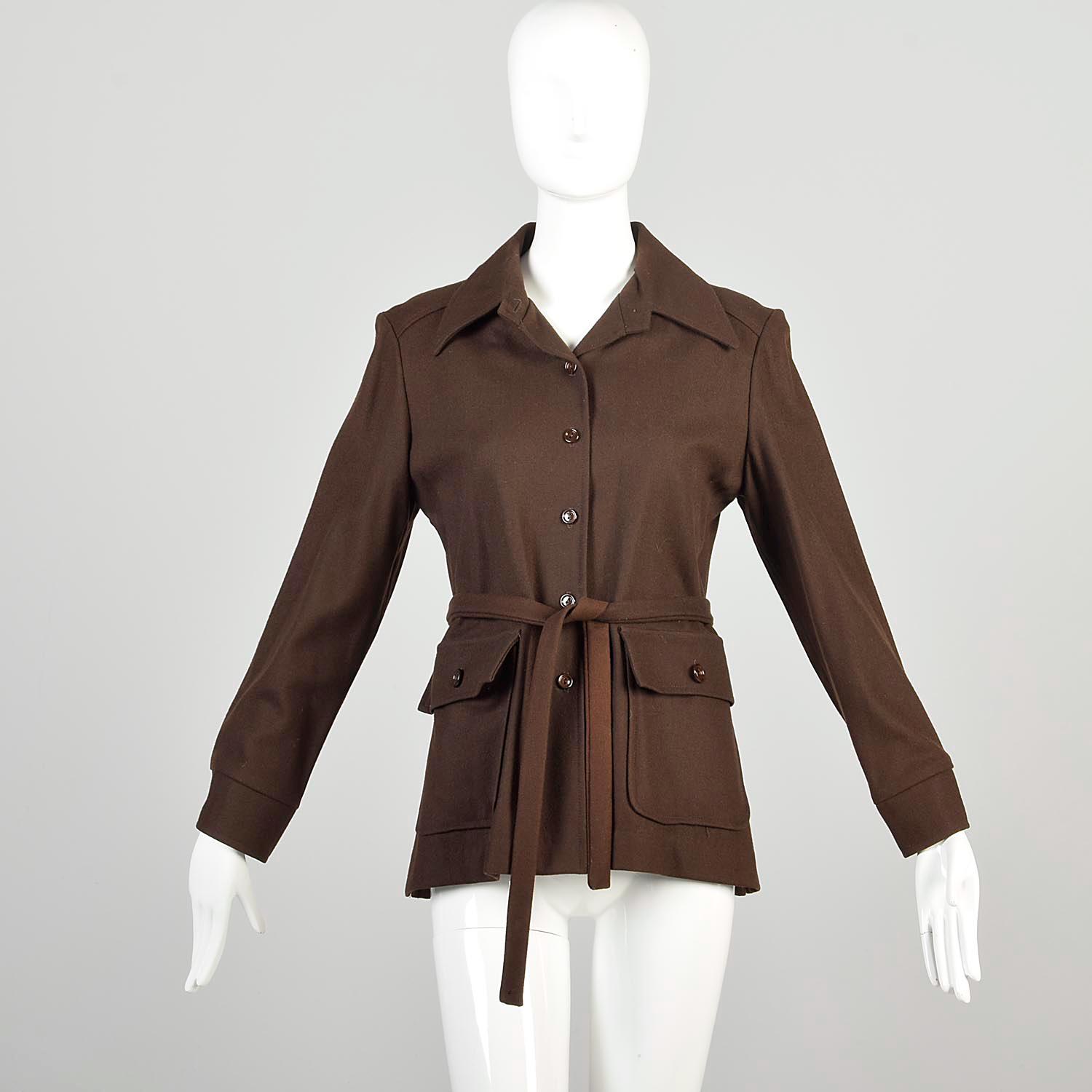 Manteau Vintage Années 70 En Laine Marron Cintré Avec Ceinture - Taille 36 - Très Bon état (petits Défauts)