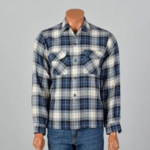 Large 1950s Vintage Mens Plaid Board Shirt Long Sleeves Flap Pockets Loop Collar Square Bottom Wool Blend 50s Vintage Shirt