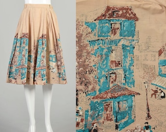 Small 1950s Tan Skirt Novelty Cotton Print Parisian Cafe French Bistro Restaurant Scenic Matty Sue Knee Length Casual Skirt