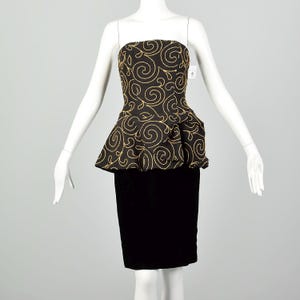 Small 1980s Nipon Black Strapless Party Dress with Gold Swirl Peplum