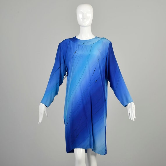 XL 1980s Blue Silk Dress Hand Painted Abstract Bl… - image 3