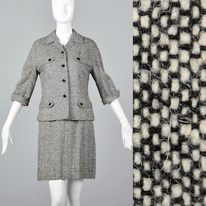 XS 1960s Tweed Skirt Suit Red Lining Wool Tweed Separates Midcentury Skirt Suit Matching Separates Pencil Skirt Black White 60s Vintage