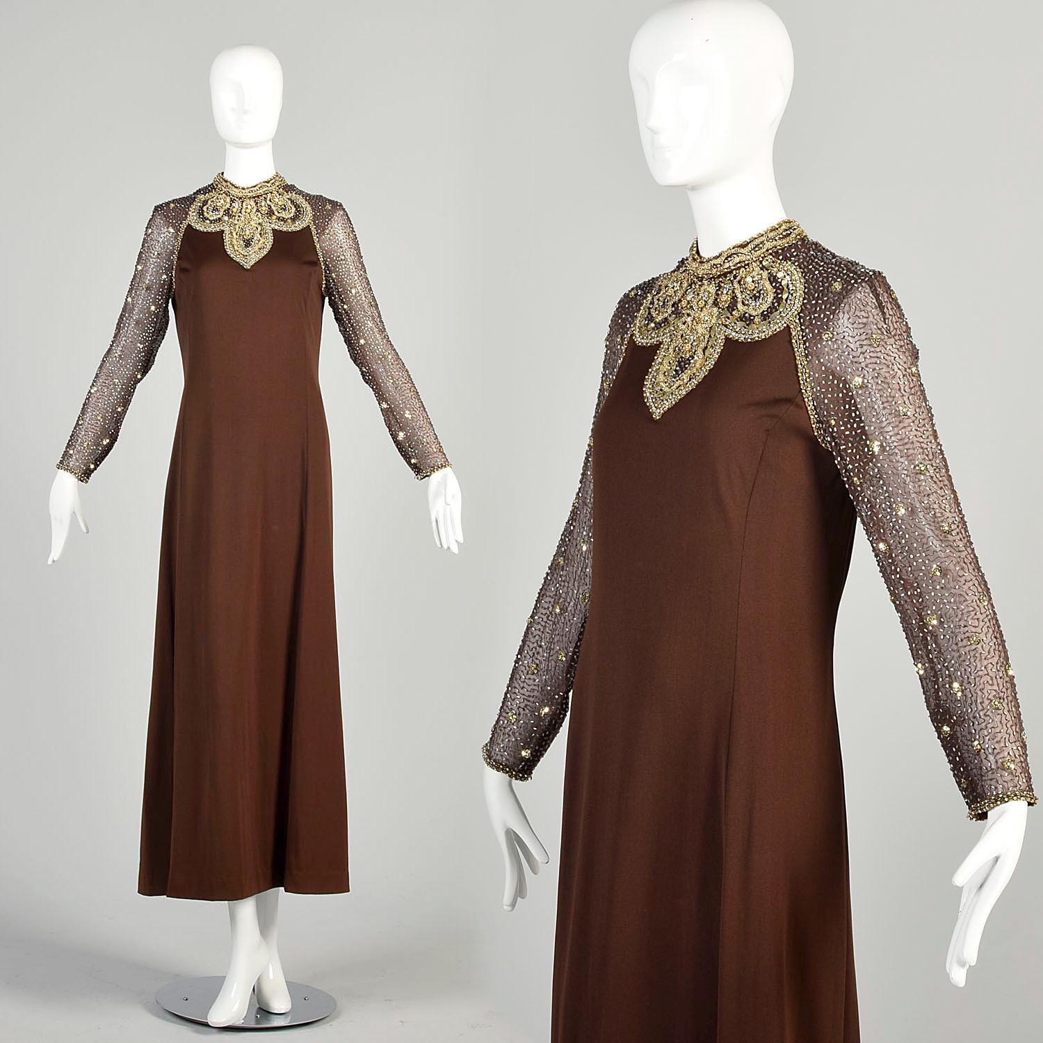 1970s L/XL Gown Victoria Royal Chocolate Brown Gold Beaded