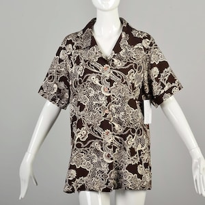 1970s XL Blouse Funky Psychedelic Brown and Cream Printed Top Buttoned Collared Short Sleeve Japan Summer Casual Silky Patterned Abstract