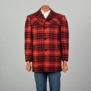 46L Large 1950s Red Plaid Coat Pendleton Wool Blazer Lumberjack Hunting Lined Heavy Winter Jacket