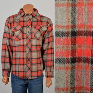 Large Vintage 1970s Red Gray Wool Flannel Shirt Jacket Snap Closure Long Sleeve