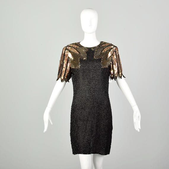Medium 1990s Vintage Gold Black Sequin Cocktail Dress Keyhole Back Beaded Party Evening Chemise Dress