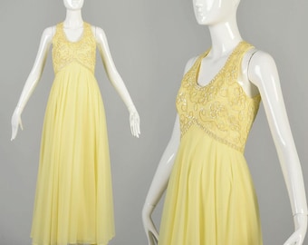XS 1970er Gelbes Paillettenkleid Empire-Taille Ärmelloses Chiffon- formelles Abend Maxikleid