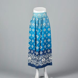 XXS Blue Maxi Skirt Vintage 70s Long White Floral Pattern Stripe Summer Skirt