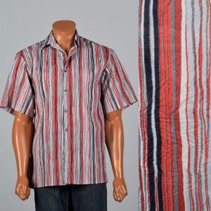 Camisa de rayas con textura arrugada de los años 80 para hombre, manga corta, corte cuadrado, roja y negra, ligera, estilo vintage de verano, con botones, estilo años 80.