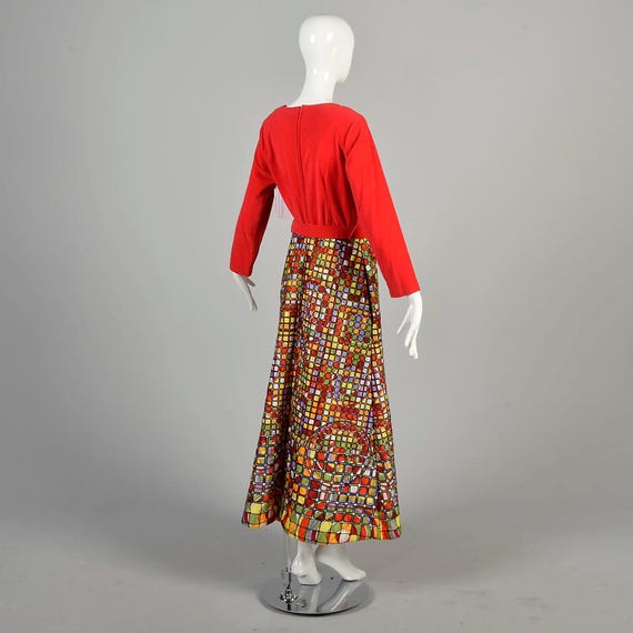 XL 1970s Hostess Dress Red Velour Geometric Stained G… - Gem