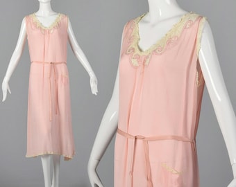 XL 1920s Pink Silk Nightgown Vintage Sleepwear Loungewear Lace Trim Belted Waist 20s Vintage