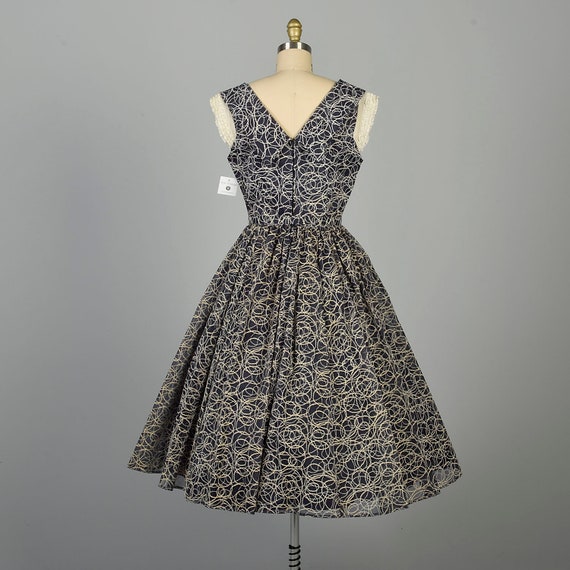 Small 1950s Flocked Party Dress Navy Blue White S… - image 2