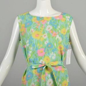 XL 1960s Spring Green Dress Pastel Floral Grass Yellow Pink Blue Sleeveless Summer Casual Colorful Shift Mini Dress image 6